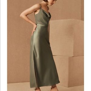 BHLDN Cali satin charmeuse midi dress. Color: Moss